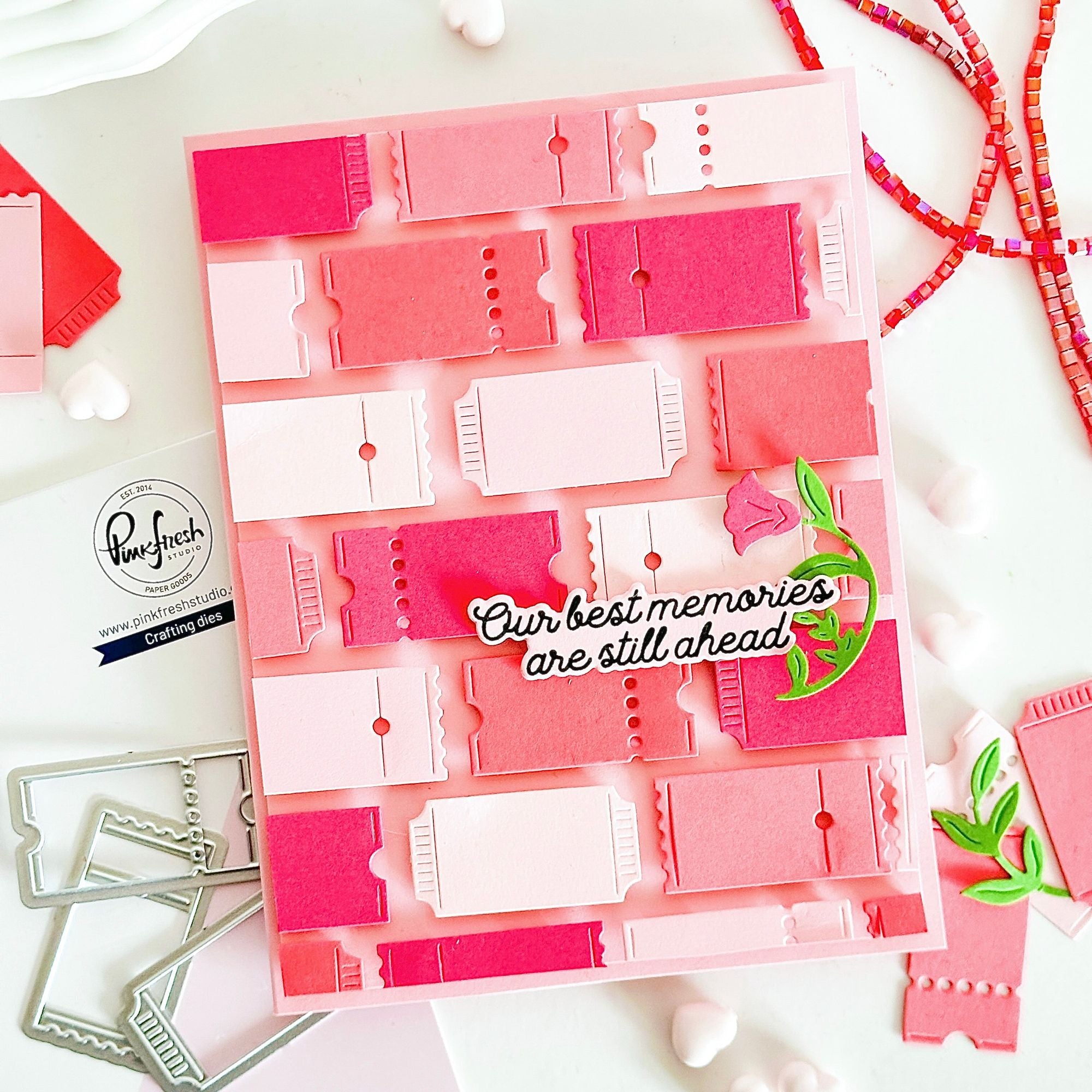 Pinkfresh Studio Trailing Grace Die And Stencils Bundle Tickets Card