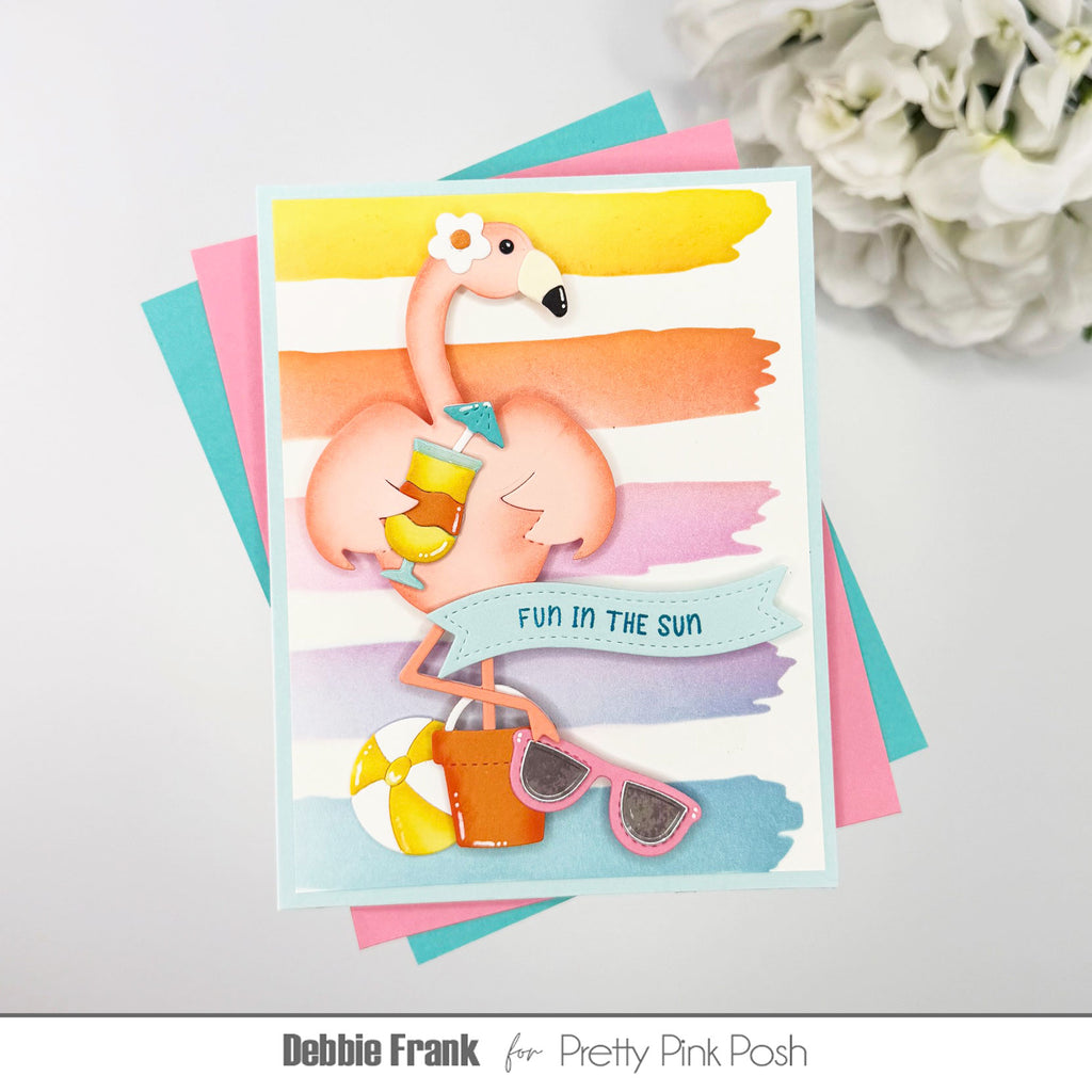 Pretty Pink Posh Flamingo Holder Dies rainbow stripes flower drink umbrella beachball bucket sungalsses fun in the sun card