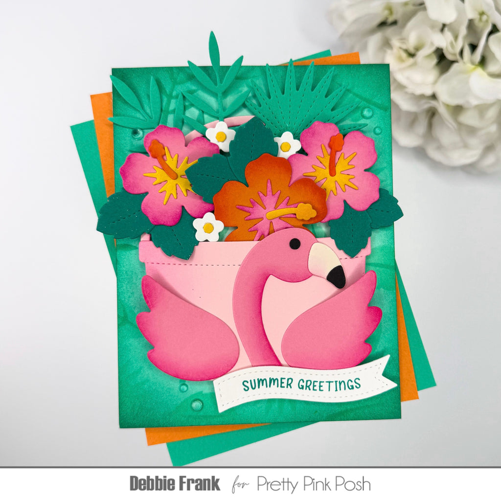 Pretty Pink Posh Layered Tropical Leaves Stencils pink flowers summer greetings card