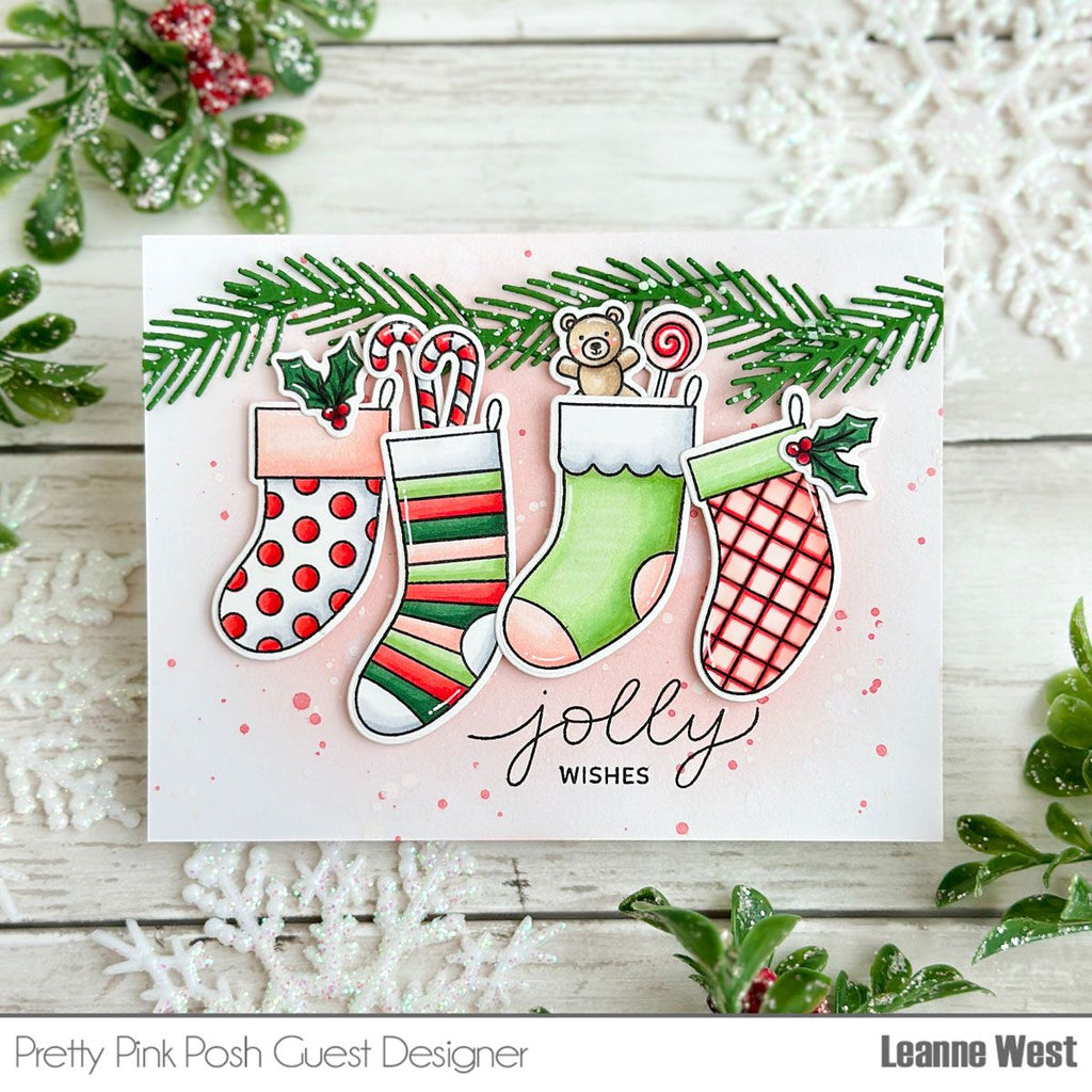 Pretty Pink Posh Holiday Stockings Coordinating Dies jolly wishes