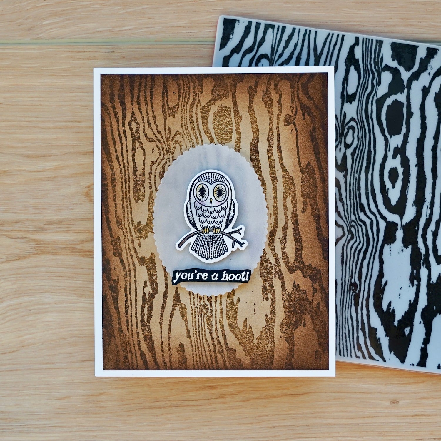 Ranger Simon Hurley Bold Woodgrain Background Cling Stamp hur87915 You're A Hoot Owl Card