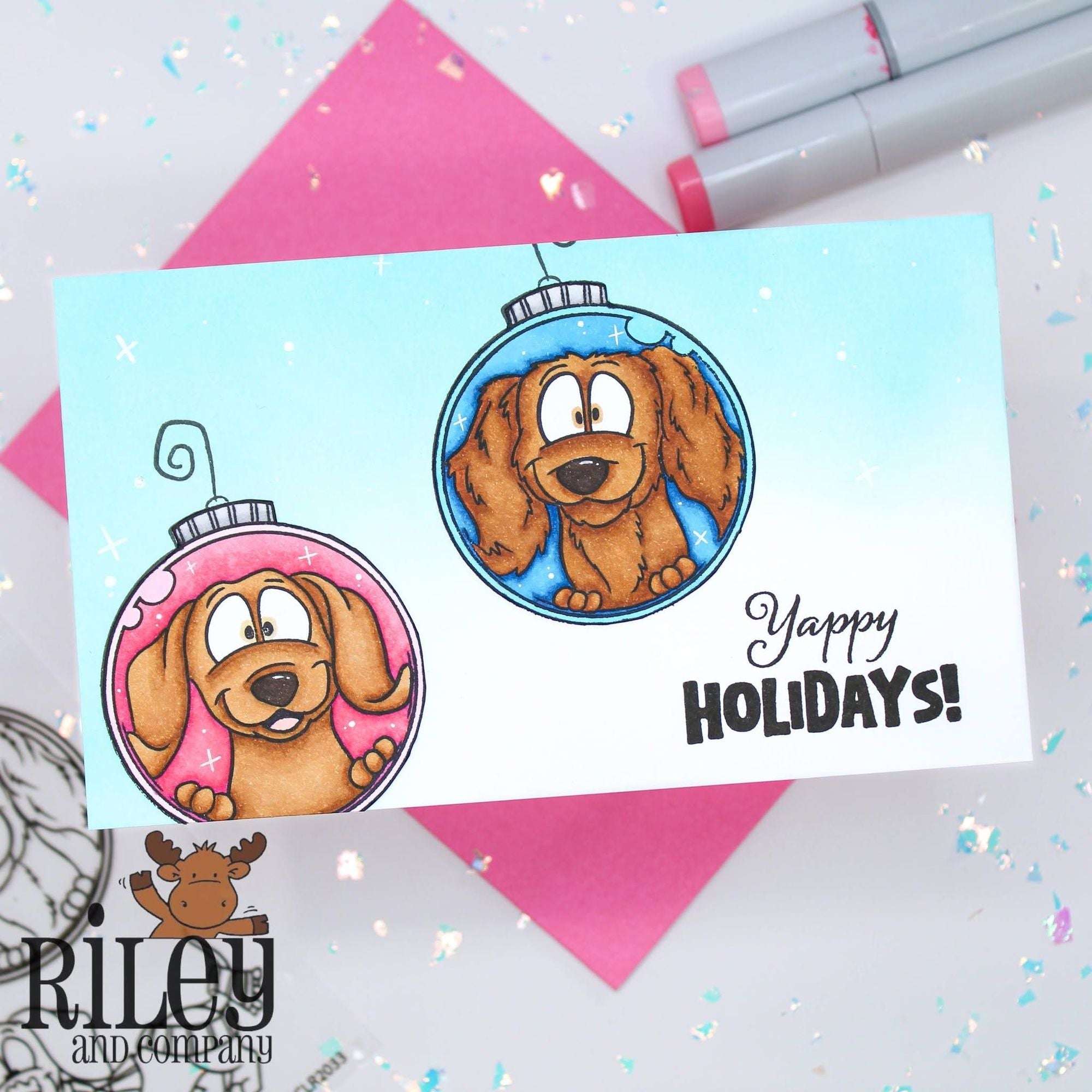 Riley and Company Woody and Hazel Ornaments Clear Stamps rclr2033 pink blue ornaments holiday card