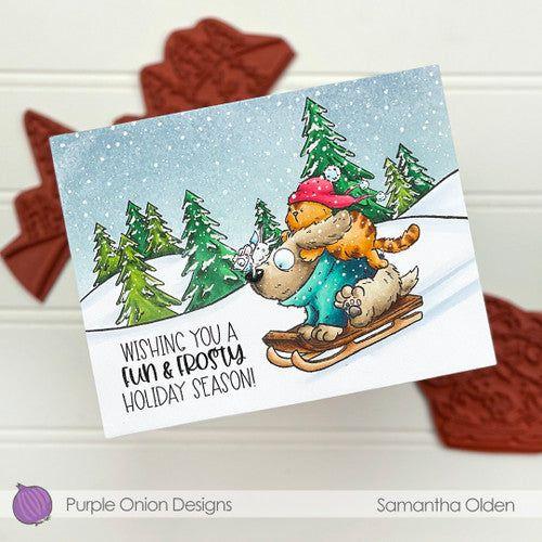 Purple Onion Designs Winter Trees Background Cling Stamp pod5011 Fun And Frosty Christmas Card