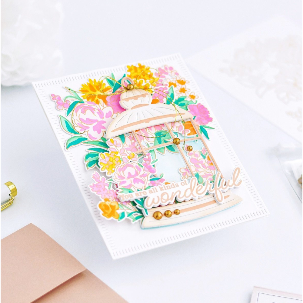 PinkFresh Studio Garden Bouquet Clear Stamp Set 197223 Colorful and Dimensional Inspiration Card  | color-code:ALT01