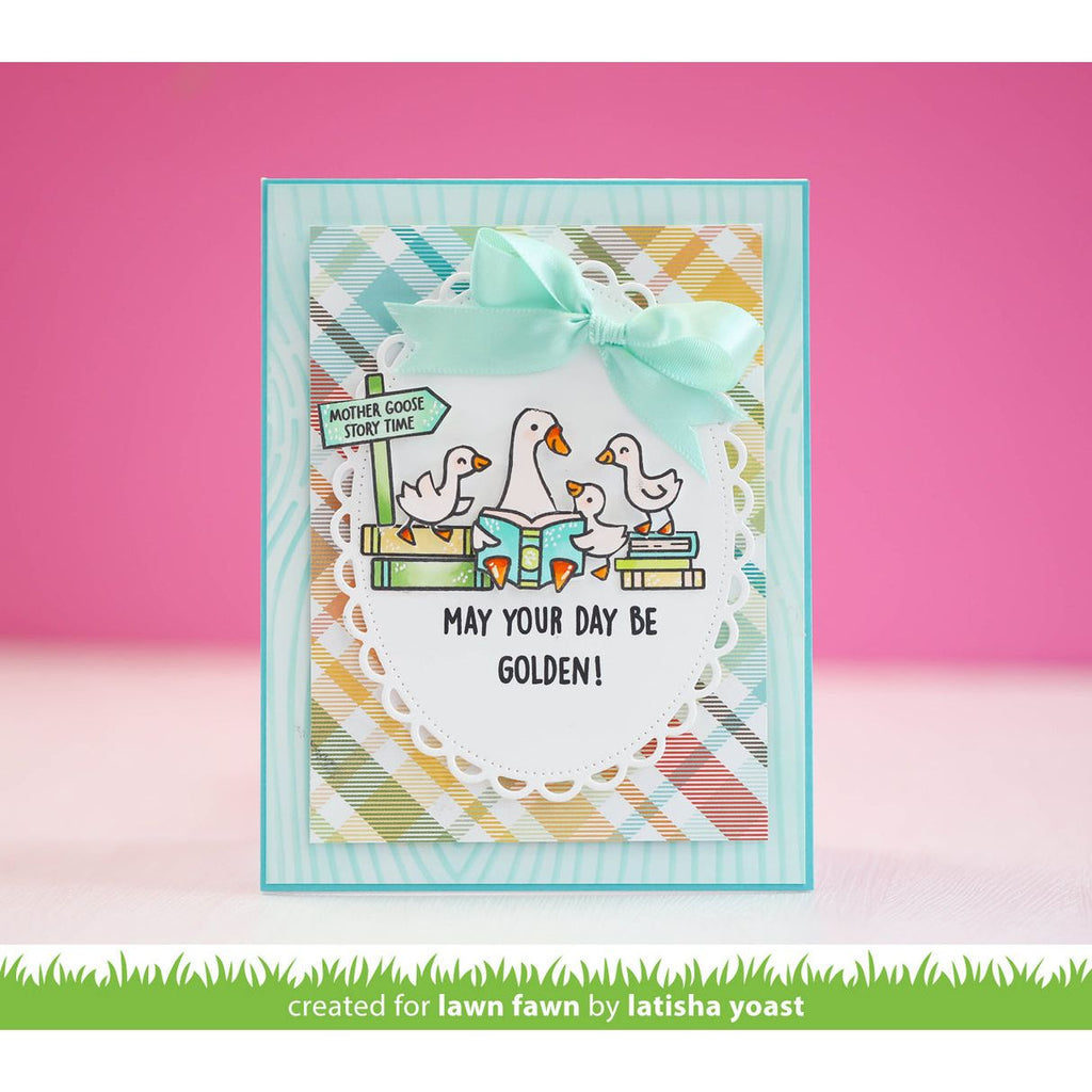 Card with ducks and text 'May your day be golden!' on a pink background
