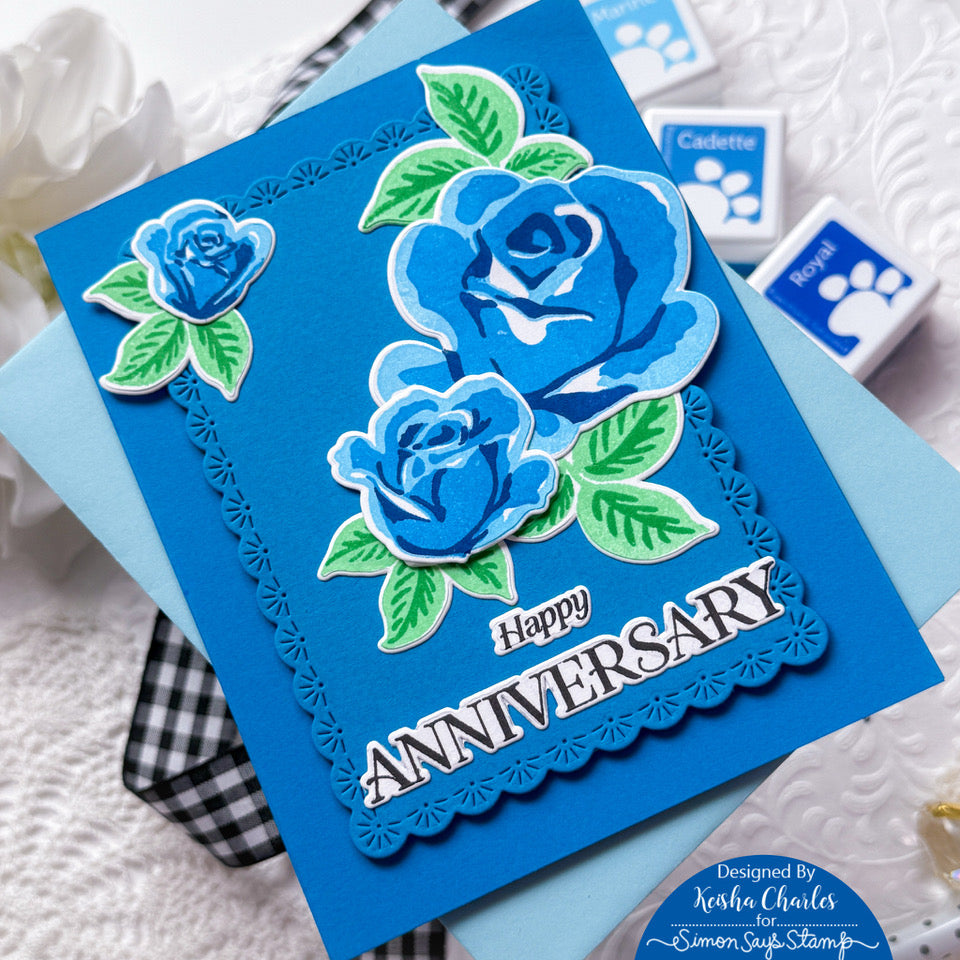 Simon Says Clear Stamps Heirloom Roses 2402ssc Always There Anniversary Blue Roses Card Keisha Charles | color-code:ALT01