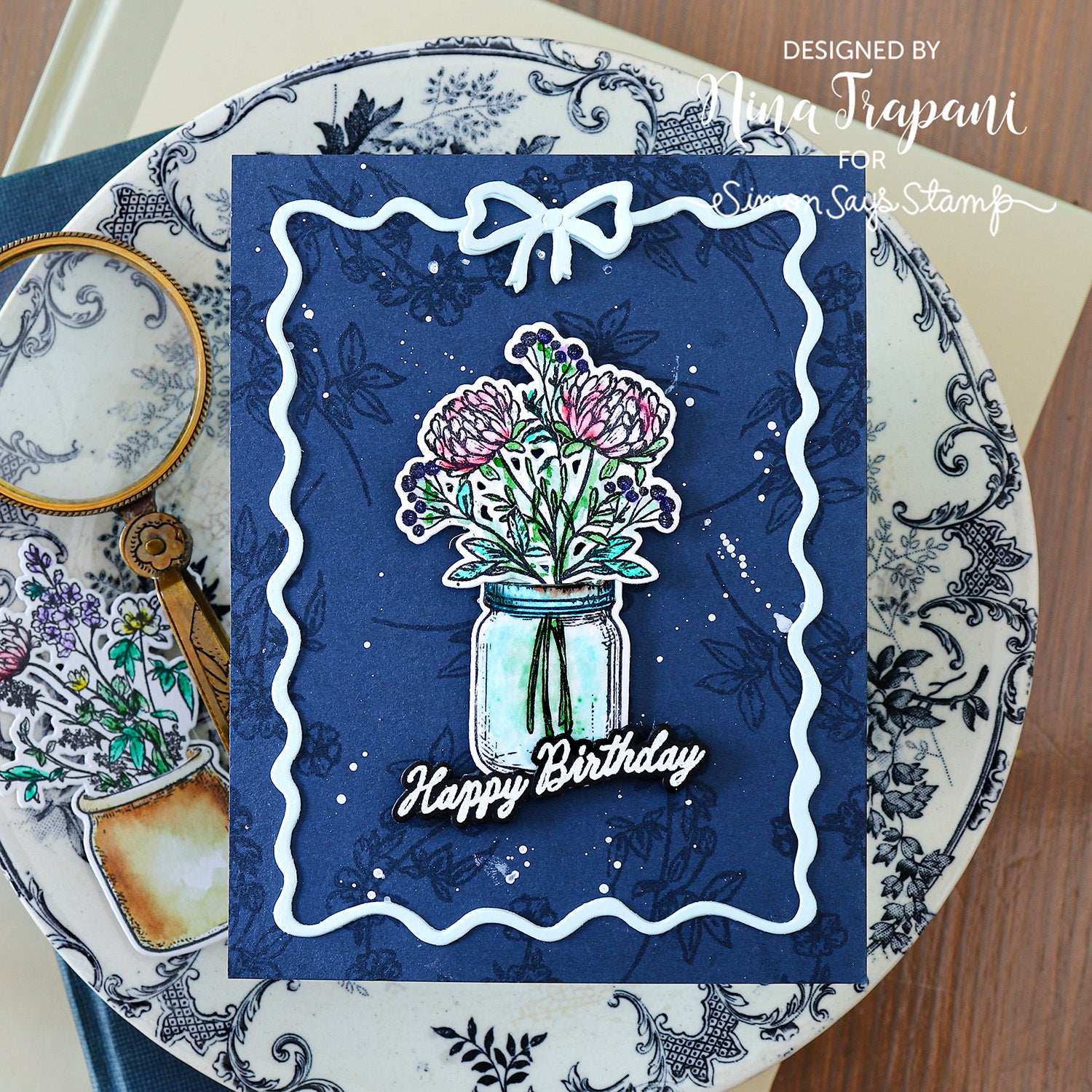 Simon Says Stamp Card Kit of the Month 2026 Subscription! August Start Date Nina-Marie Trapani Navy Vintage Bouquet Card