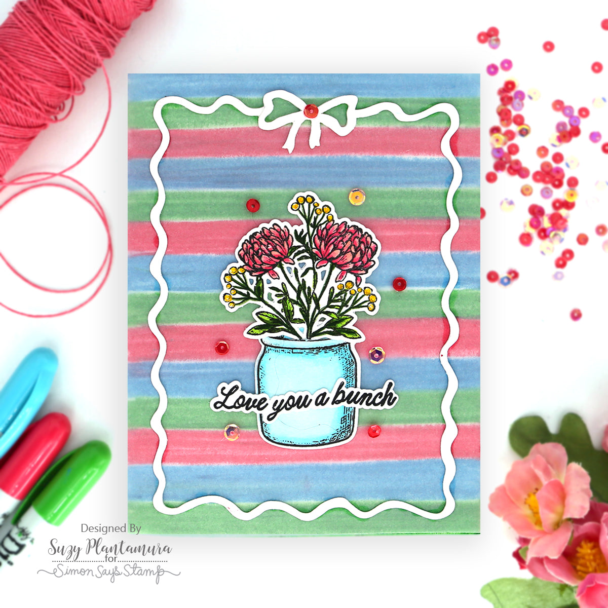 Simon Says Stamp Hand-tied Frame Wafer Dies 1741sd Suzy Plantamura Stripes, Flowers, and a Ribbon Card  | color-code:ALT04