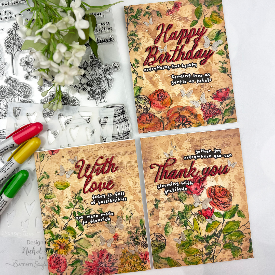 Simon Says Stamp Pack of 4 Watercolor Card Fronts Sketched Florals 1023sf Nichol Spohr Trio of Vintage Floral Cards