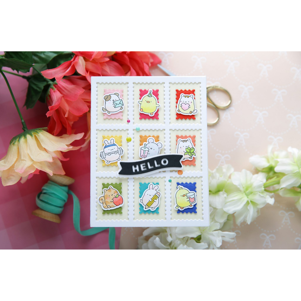 Simon Says Stamp Postage Collage Cover Wafer Dies 1144sd Nine Critter Hello Card Laura Bassen | color-code:ALT11