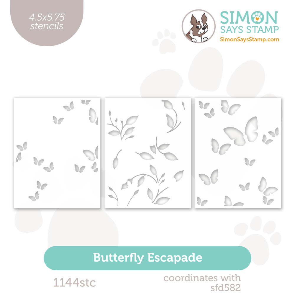 Simon Says Stamp Set of 3 Stencils Butterfly Escapade 1144stc In My Heart Stencils Packaging View of Each Stencil