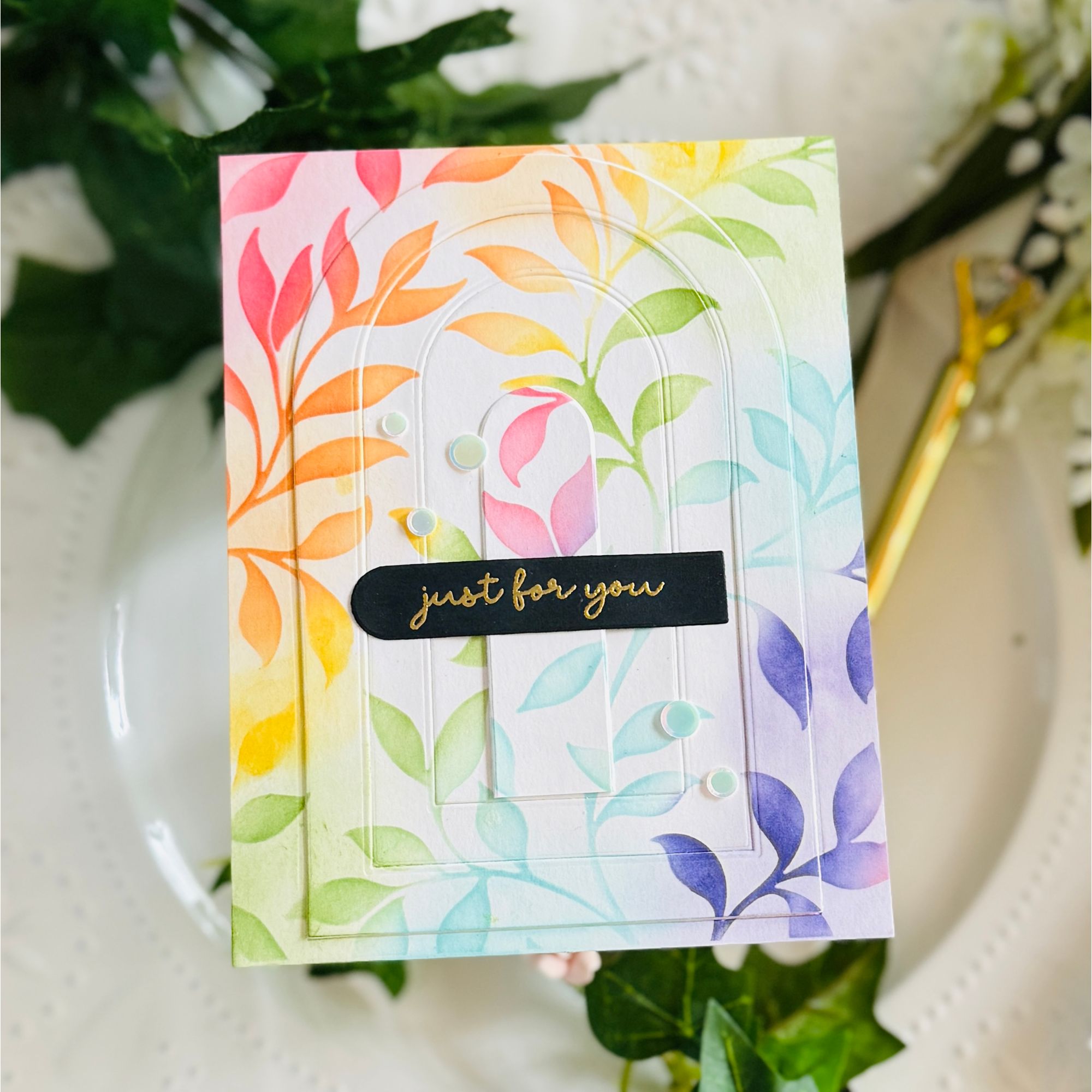 Simon Says Stamp Stencil Leafy Greens 1139st Shine On Arches and Rainbow Leaves Card Kailash Naidoo