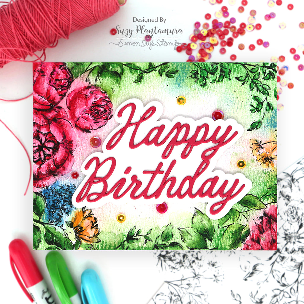 Simon Says Stamp XL Darling Script Greetings Wafer Dies 1740sd Suzy Plantamura Bold Colors Floral Birthday Card | color-code:ALT02