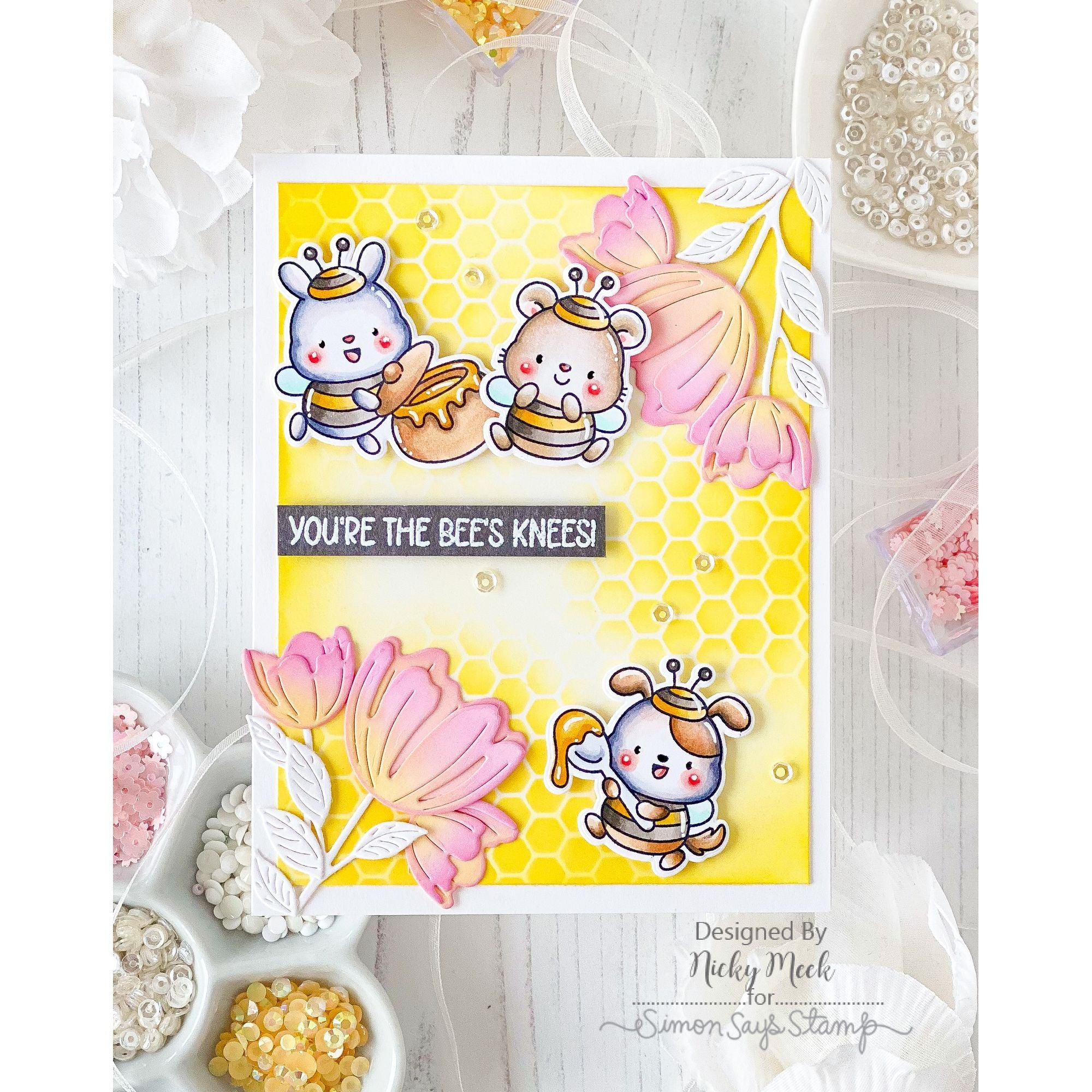 Simon Says Stamps and Dies Bee's Knees set1302bk Every Happiness Nicky Meek Cute Bees and Flowers Card