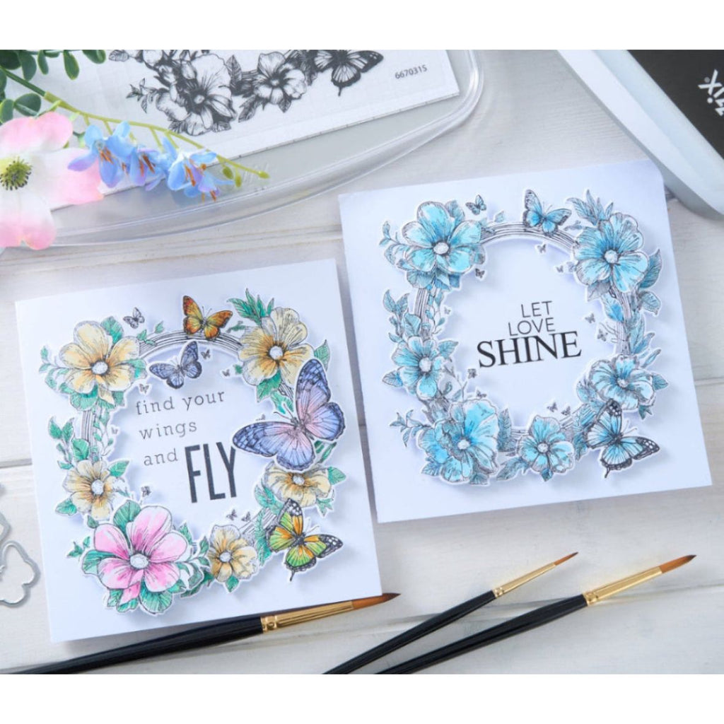 Sizzix Studio Artful Blooms Clear Stamps and Framelits Dies 667031 butterfly and flower wreath let love shine card
