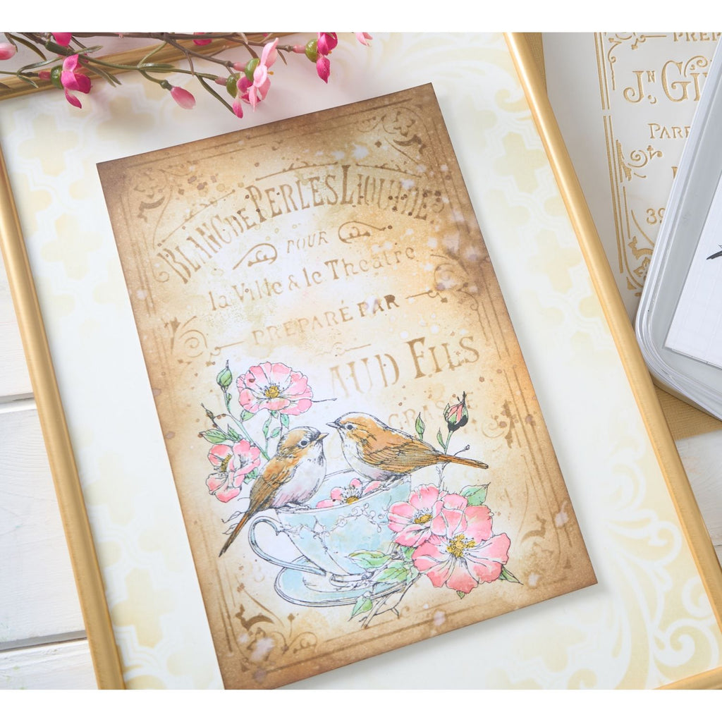 Sizzix Studio Birds and Biscuits Clear Stamps and Stencils 667126 tea cup with birds pink flowers card