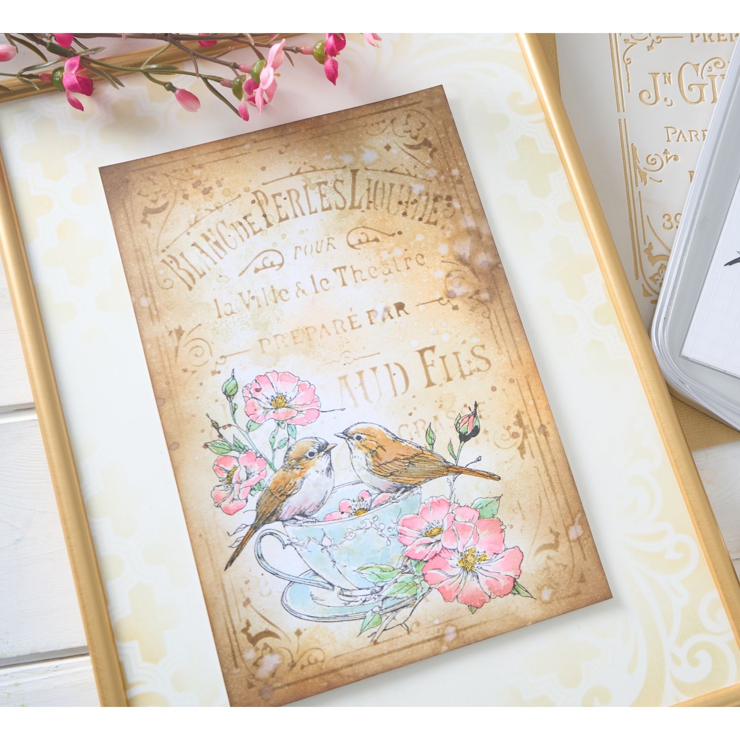 Sizzix Studio Birds and Biscuits Clear Stamps and Stencils 667126 tea cup with birds pink flowers card