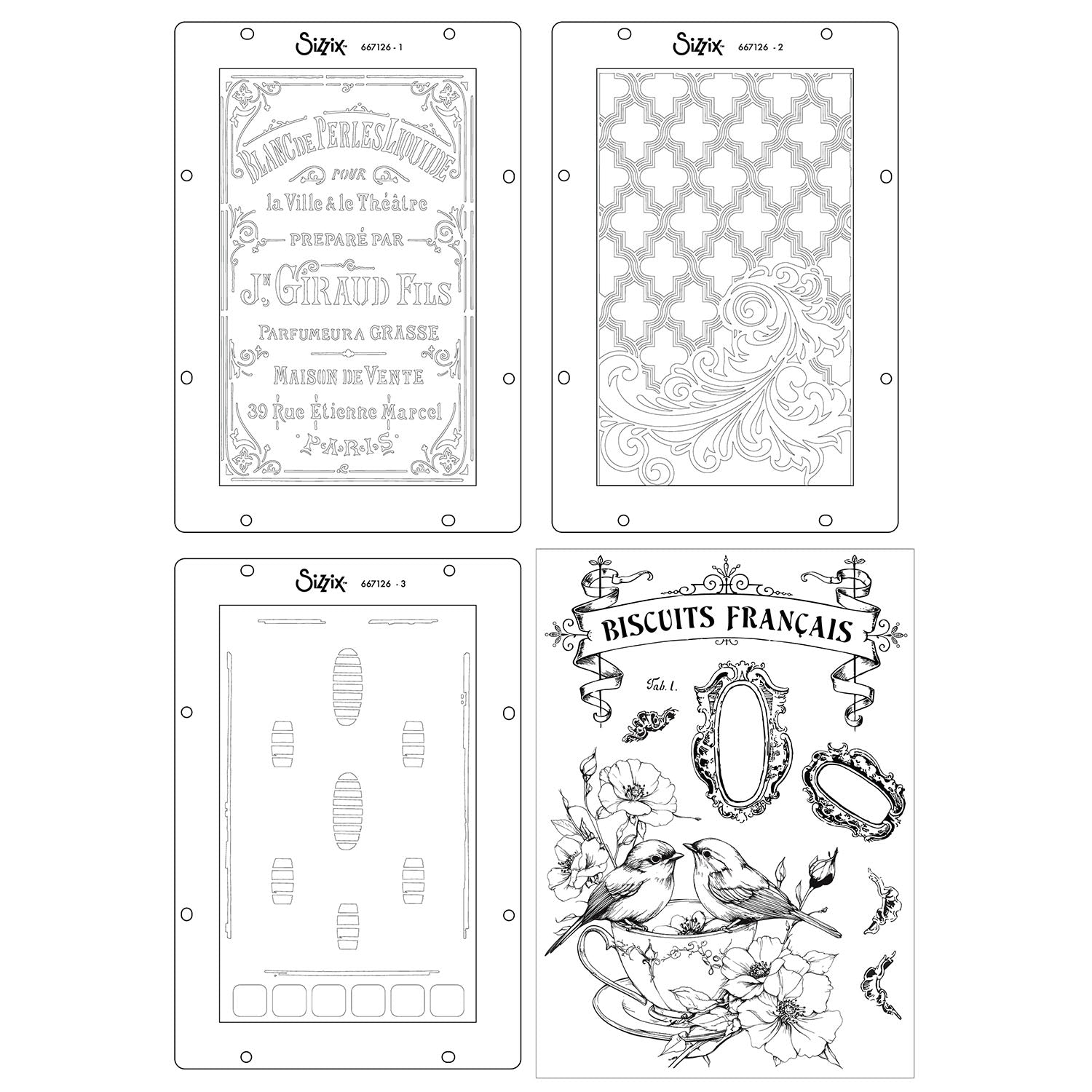 Sizzix Studio Birds and Biscuits Clear Stamps and Stencils 667126 tea cup with birds pink flowers card contents inside