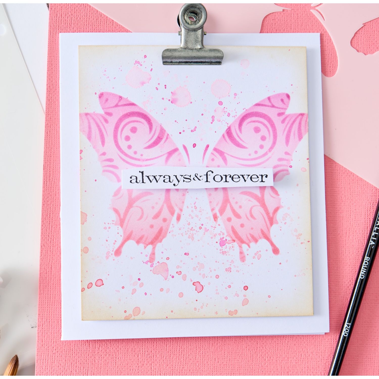 Sizzix Studio Butterflies Layered Stencils 667040 pink butterfly pink splats always and forever card