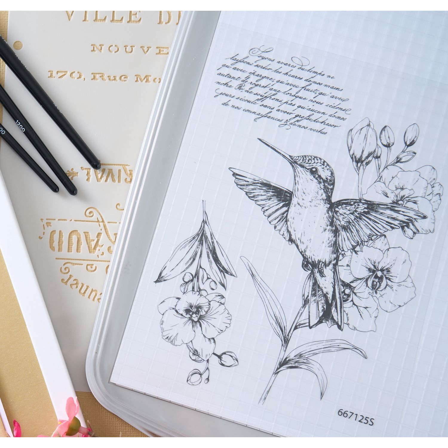 Sizzix Studio Hummingbird and Orchids Clear Stamps and Stencils 667125 bird on flower card