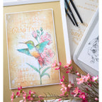 Sizzix Studio Hummingbird and Orchids Clear Stamps and Stencils 667125 pink flowers colored bird card
