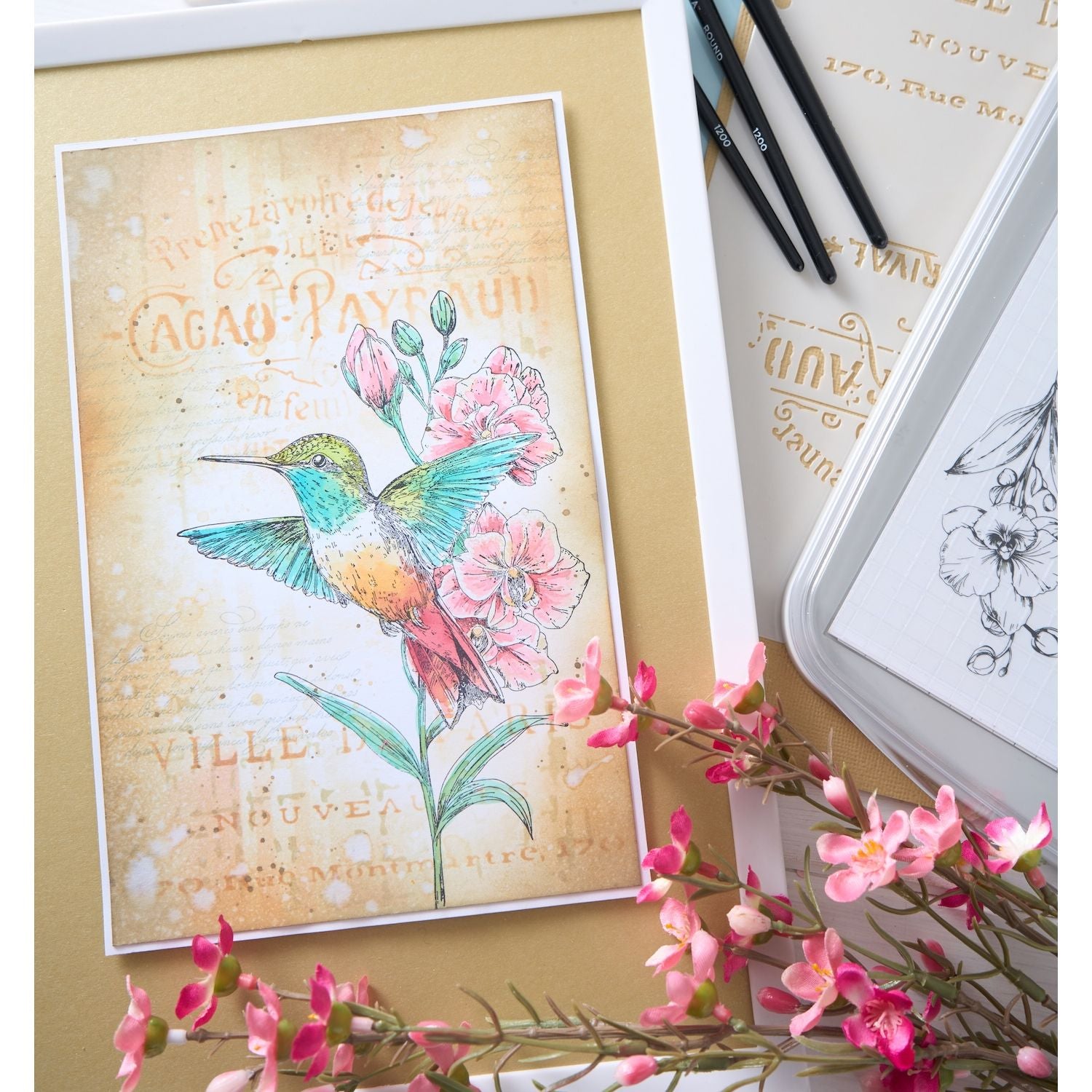 Sizzix Studio Hummingbird and Orchids Clear Stamps and Stencils 667125 pink flowers colored bird card