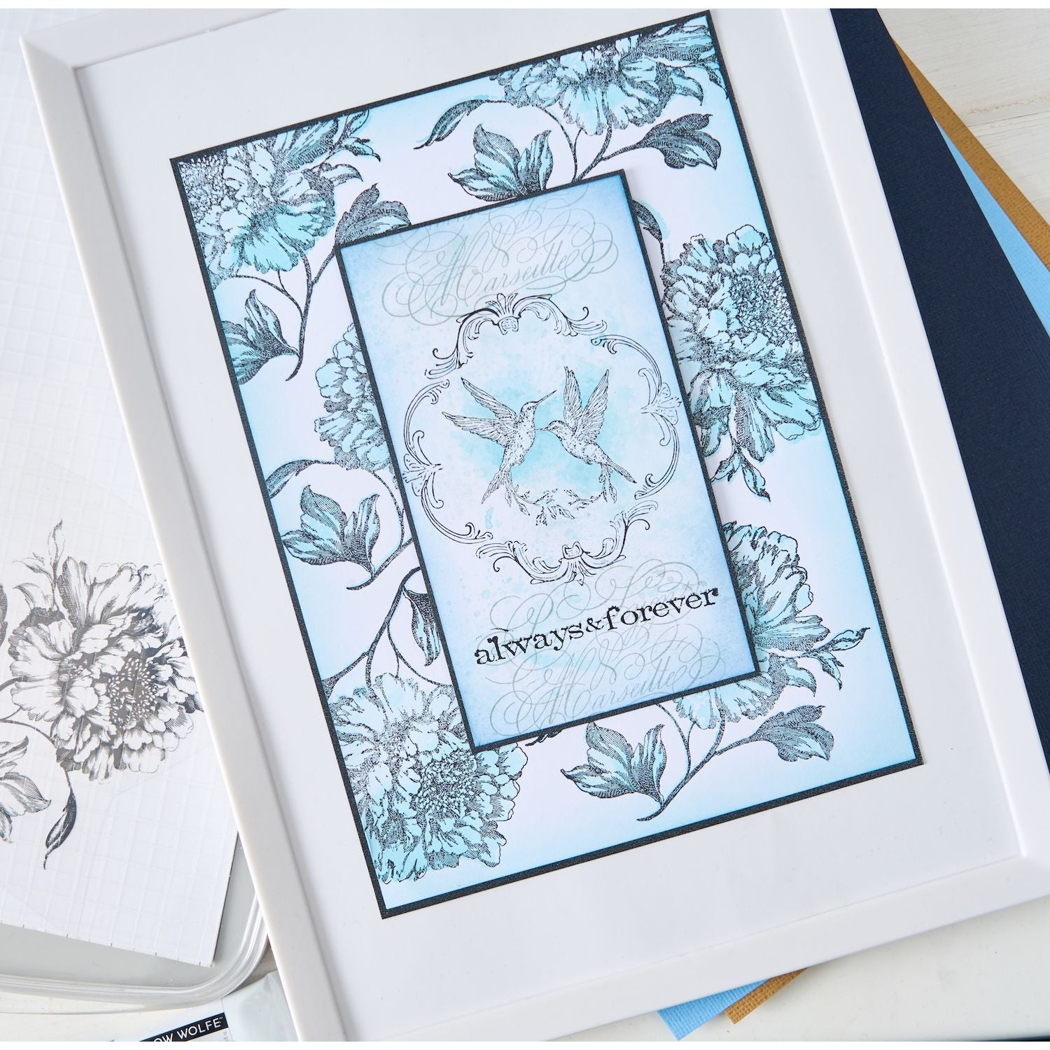 Sizzix Studio Ornamental Medallions Clear Stamp Set 667127 hummingbirds in frame always and forever card