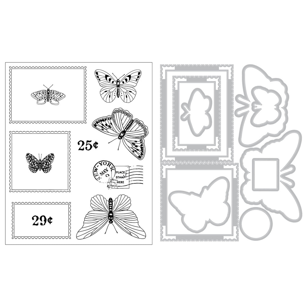 Sizzix and 49 and Market Postage Wings Clear Stamps and Framelits Dies 667182 line work