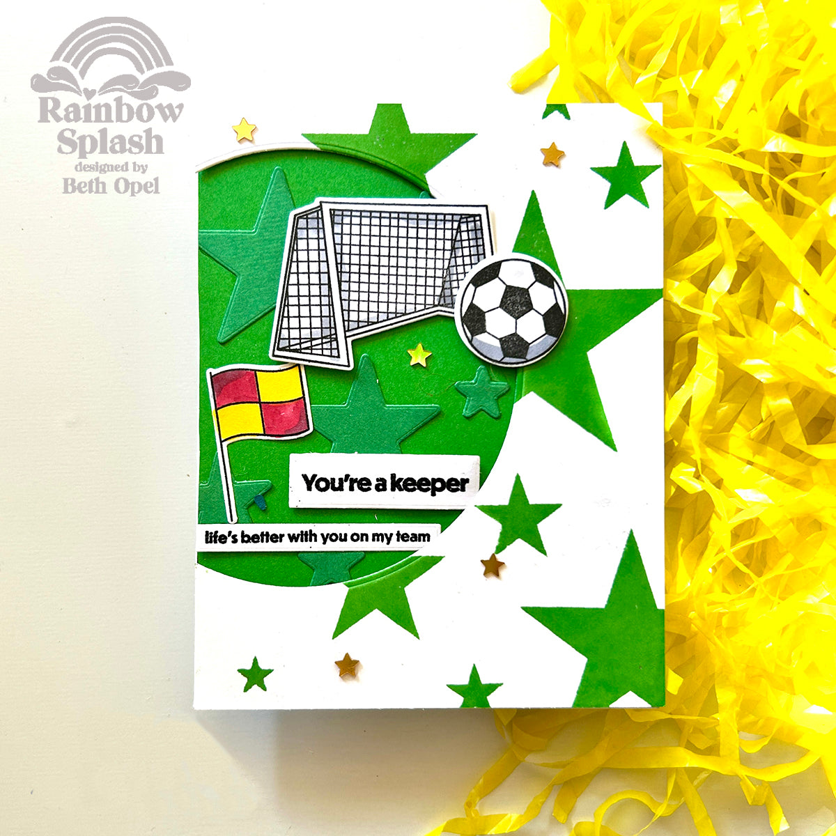 Rainbow Splash Stamps and Dies Soccer rs40set Love Card