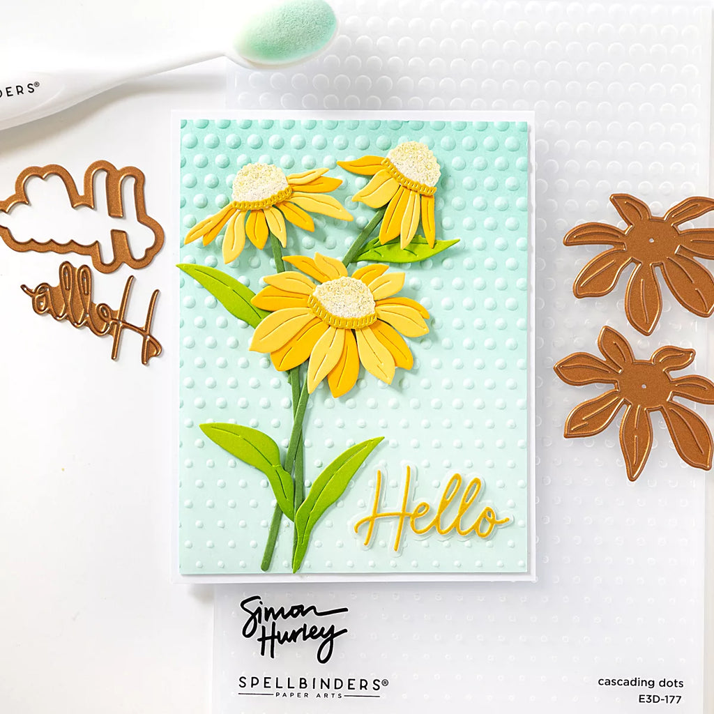Spellbinders Cascading Dots 3D Embossing Folder e3d-177 yellow flowers hello card