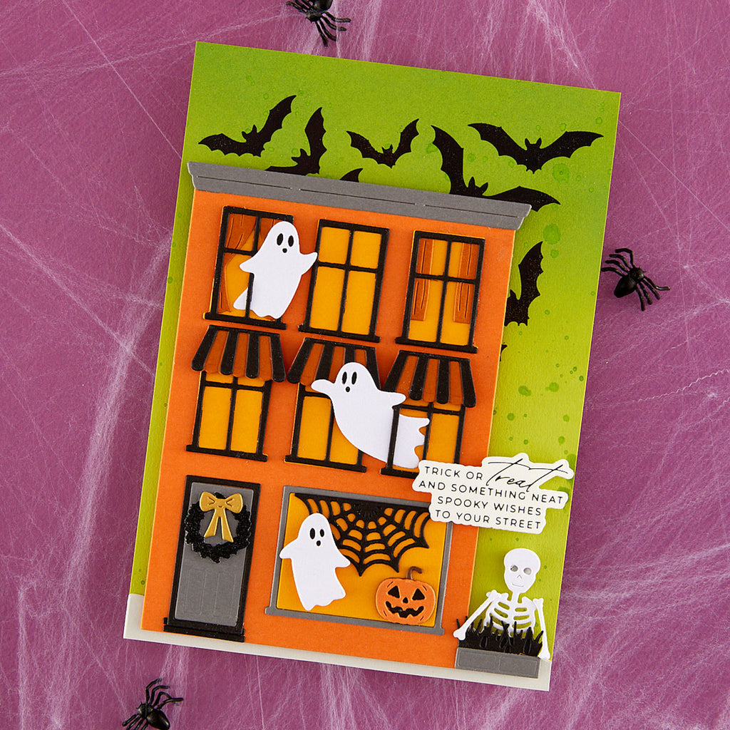 Spellbinders Halloween City Holiday Decorations Etched Dies s4-1569 trick or treat house card