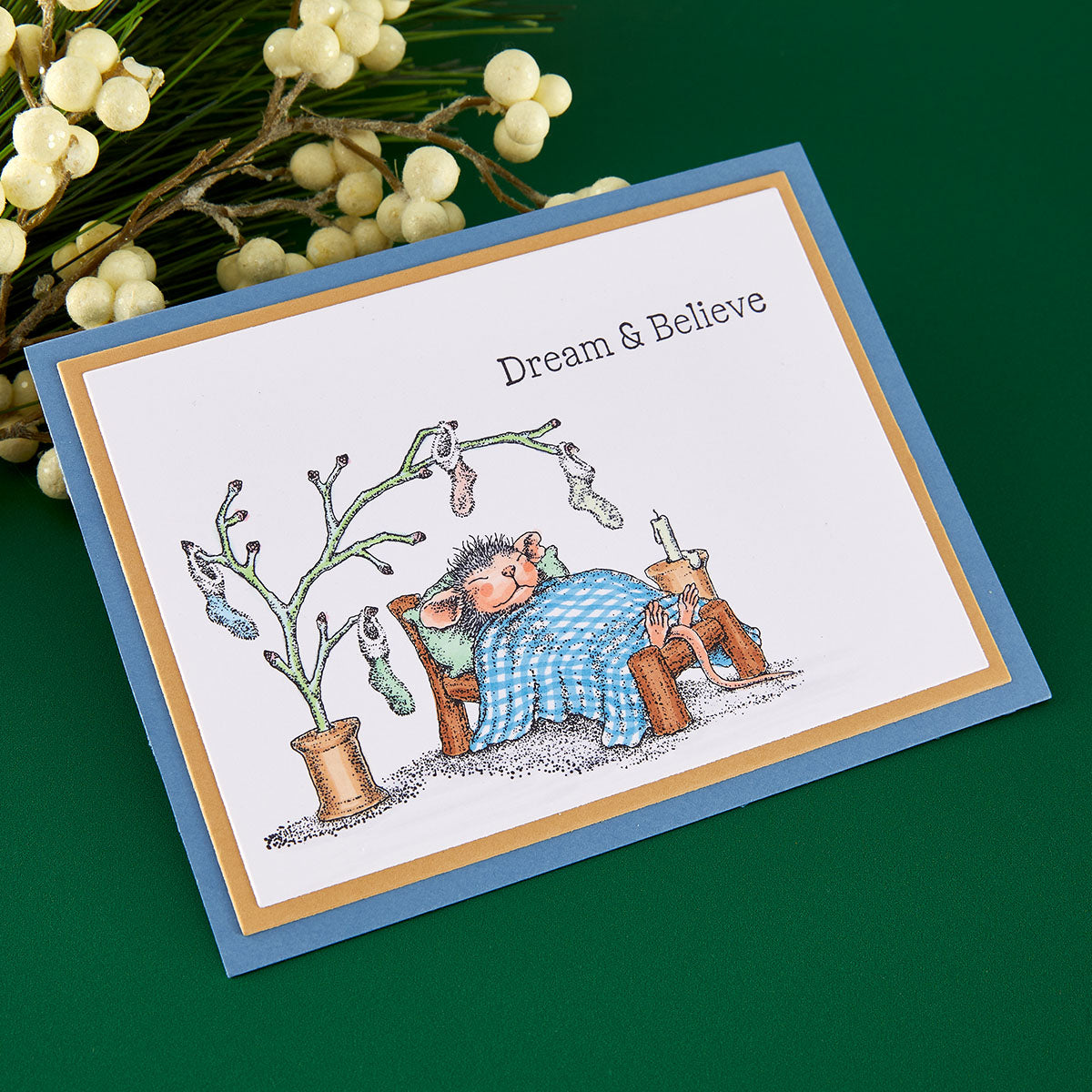 Spellbinders House Mouse Holiday Dreams Cling Stamp Set rsc-075 mouse laying in bed tree with socks dream and believe card