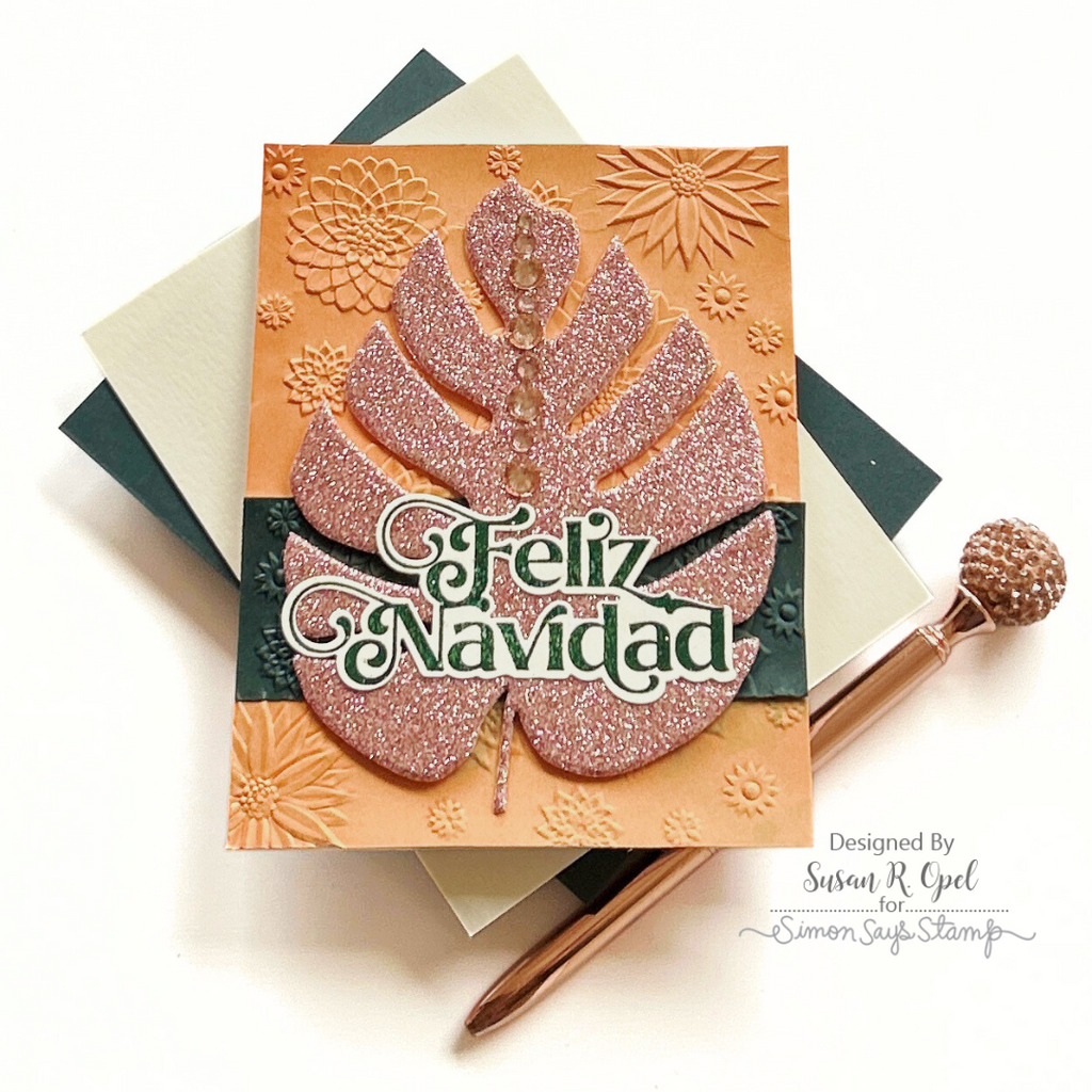 Simon Says Embossing Folders and Cutting Dies Spinning Blossoms sfd453 DieCember Feliz Navidad Card