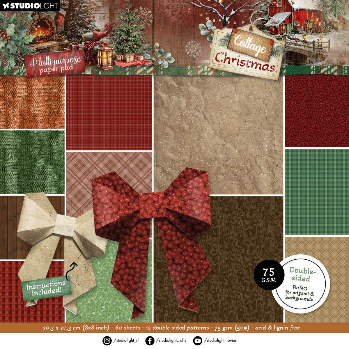 Studio Light Cottage Christmas Origami and Backgrounds 8x8 Paper Pad sl-cc-dpp486