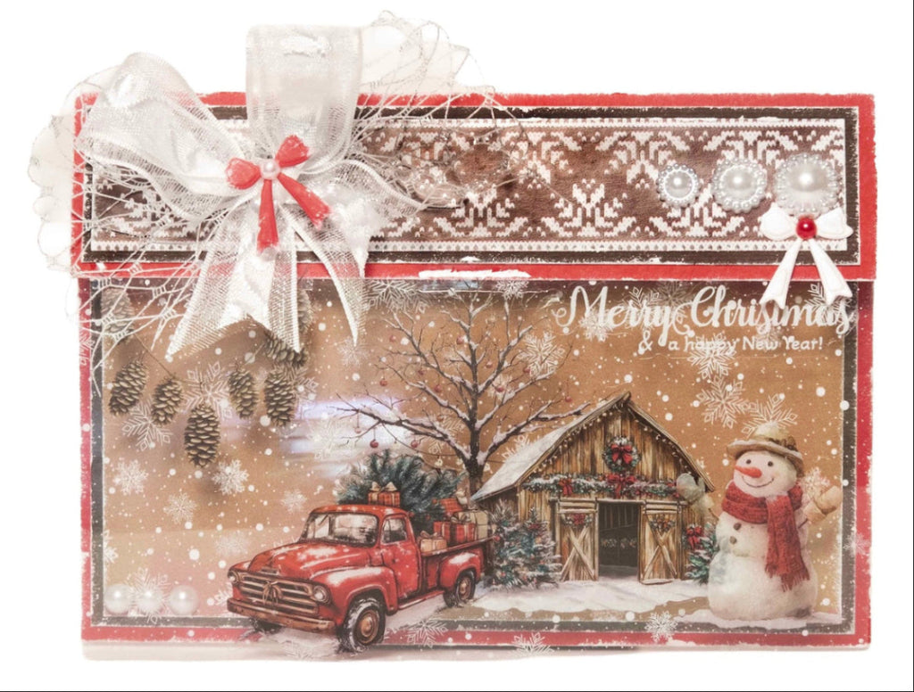 Studio Light Cottage Christmas Pattern Paper Pad sl-cc-ppp487 brown barn snowman red truck with tree acorns christmas card