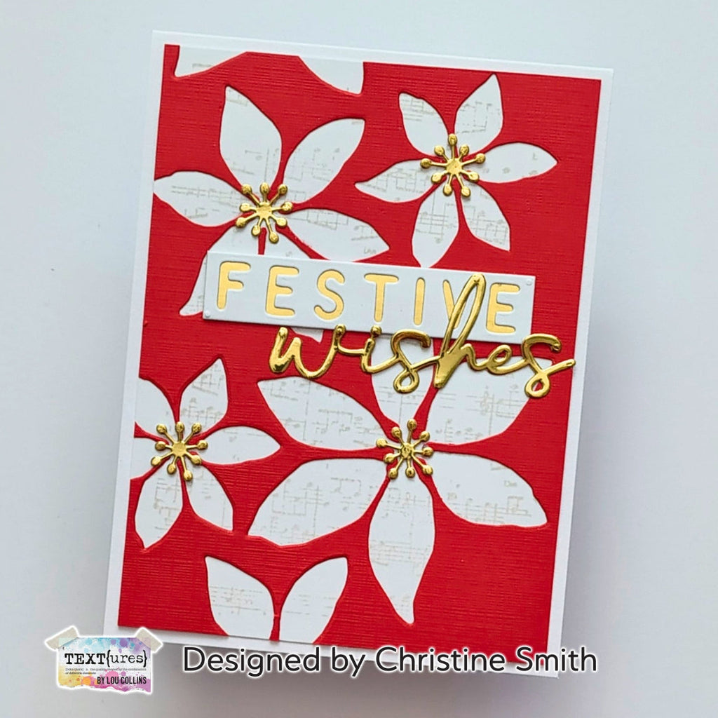 TEXT{ures} Festive Words Die Set texcd0007 red background with white flowers festive wishes card christine smith