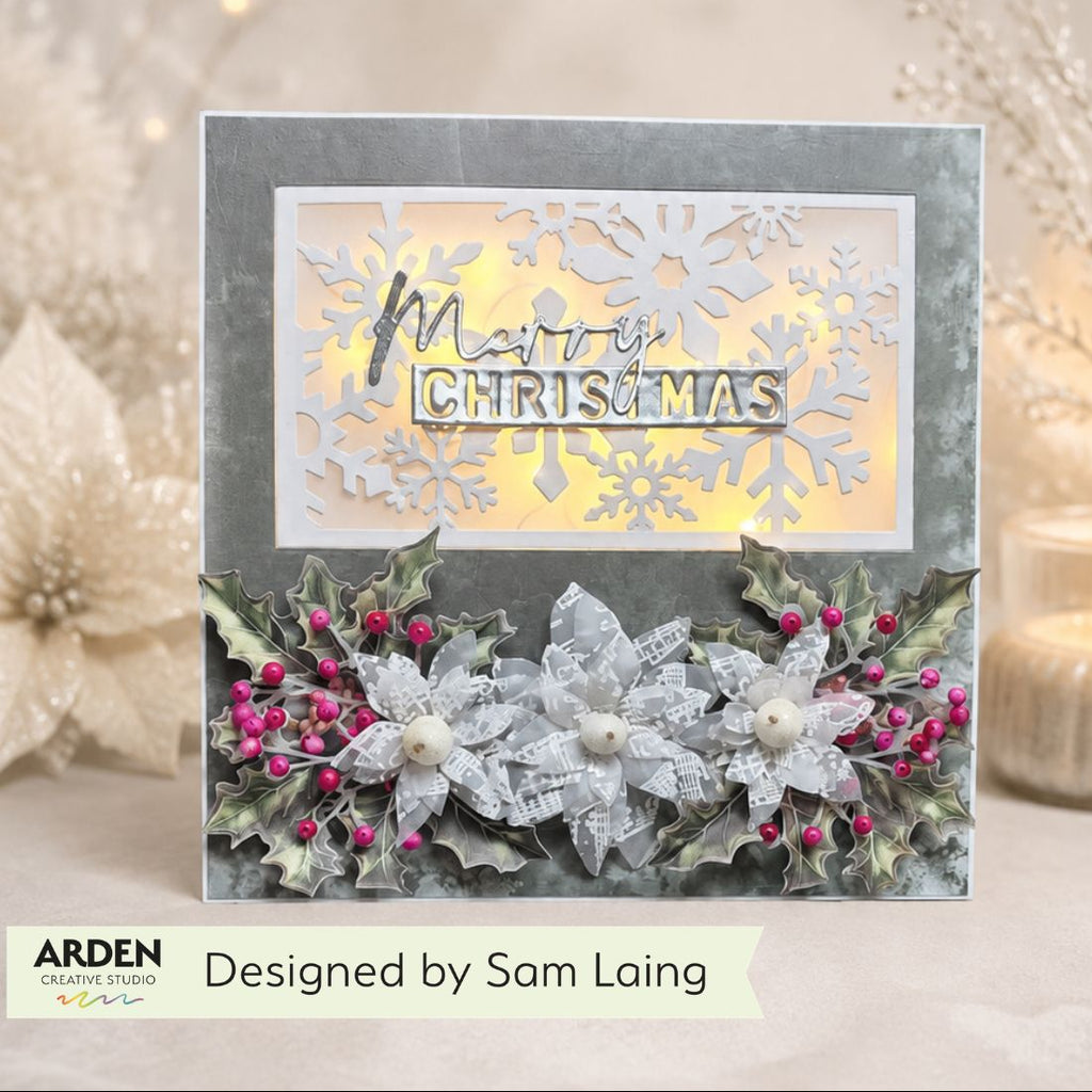 TEXT{ures} Layered Poinsettias Die Set texcd0004 berries and leaves snowflakes christmas card sam laing