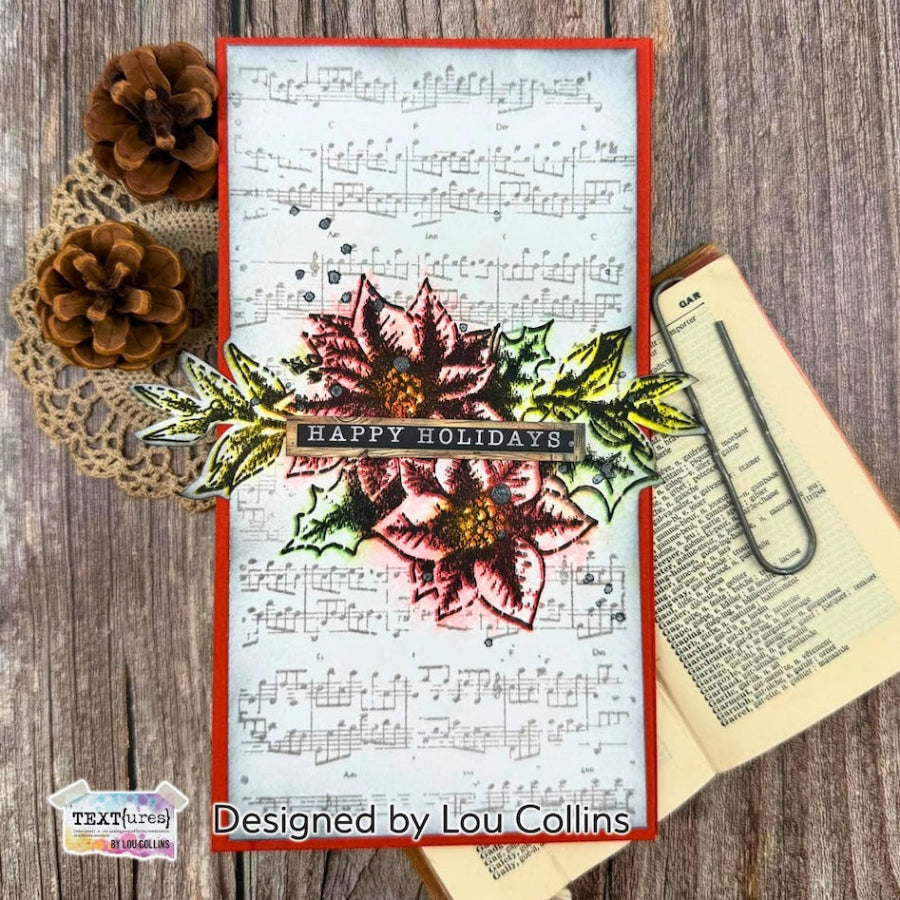 TEXT{ures} Winter in Bloom Music Notes Background Stamp texcs0007 red and green garland happy holidays card lou collins