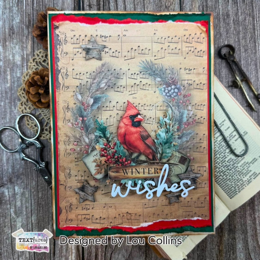 TEXT{ures} Winter in Bloom Music Sheets 5x7 Paper Pack texpp0006 red cardinal on wreath music notes background lou collins