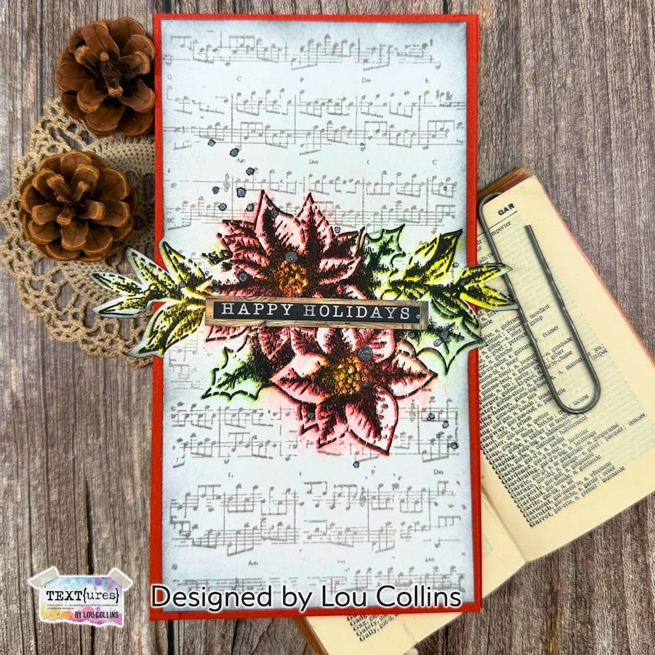 TEXT{ures} Winter in Bloom Wood and Words Laser Cuts texlc0003 red trim with music notes happy holidays card lou collins