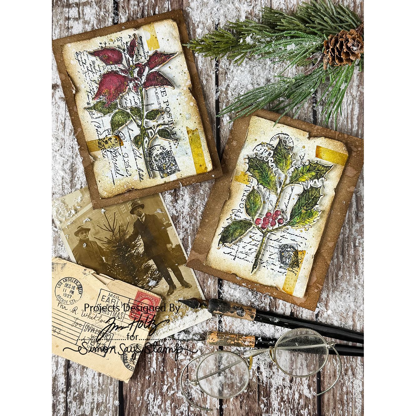 Tim Holtz Festive Collage Stamps with Simon Says Stamp Dies Bundle setfc25 Christmas Cards