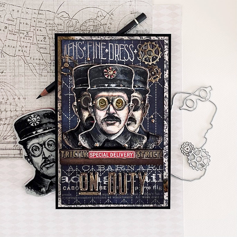 Tim Holtz The Inspector Stamps with Simon Says Stamp Dies Bundle setbz24 setin26 Steam Punk Card