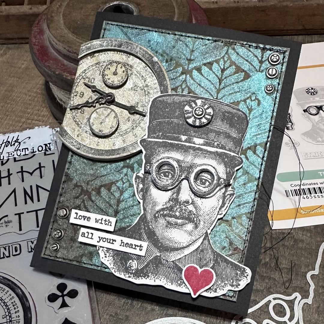 Tim Holtz The Inspector Stamps with Simon Says Stamp Dies Bundle setbz24 setin26 Steam Punk Love Card