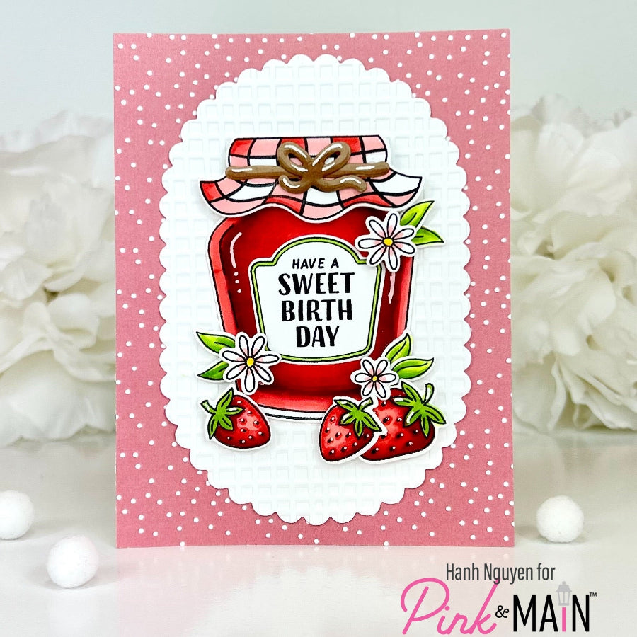 The Pink and Main Little Jar Labels Clear Stamp and Die Set have a sweet birthday card