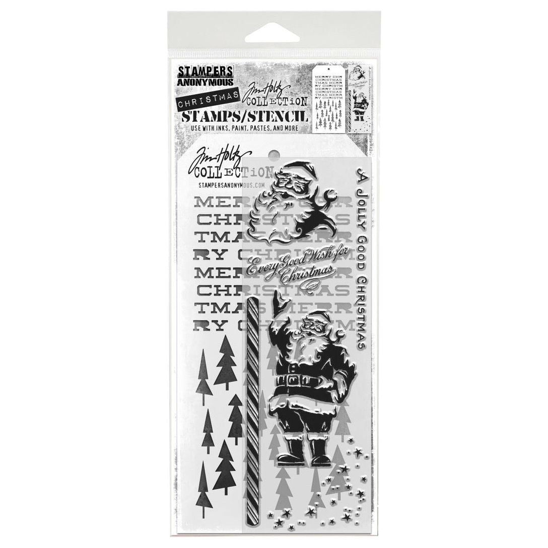 Tim Holtz Clear Stamps and Stencil Jolly Holiday, Tree Lot, Merry Christmas thmm189