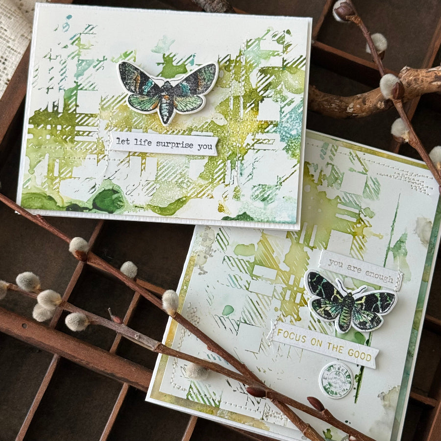Tim Holtz Cling Rubber Stamps June 2026 Bundle green plaid watercolor splotches moths surprise card