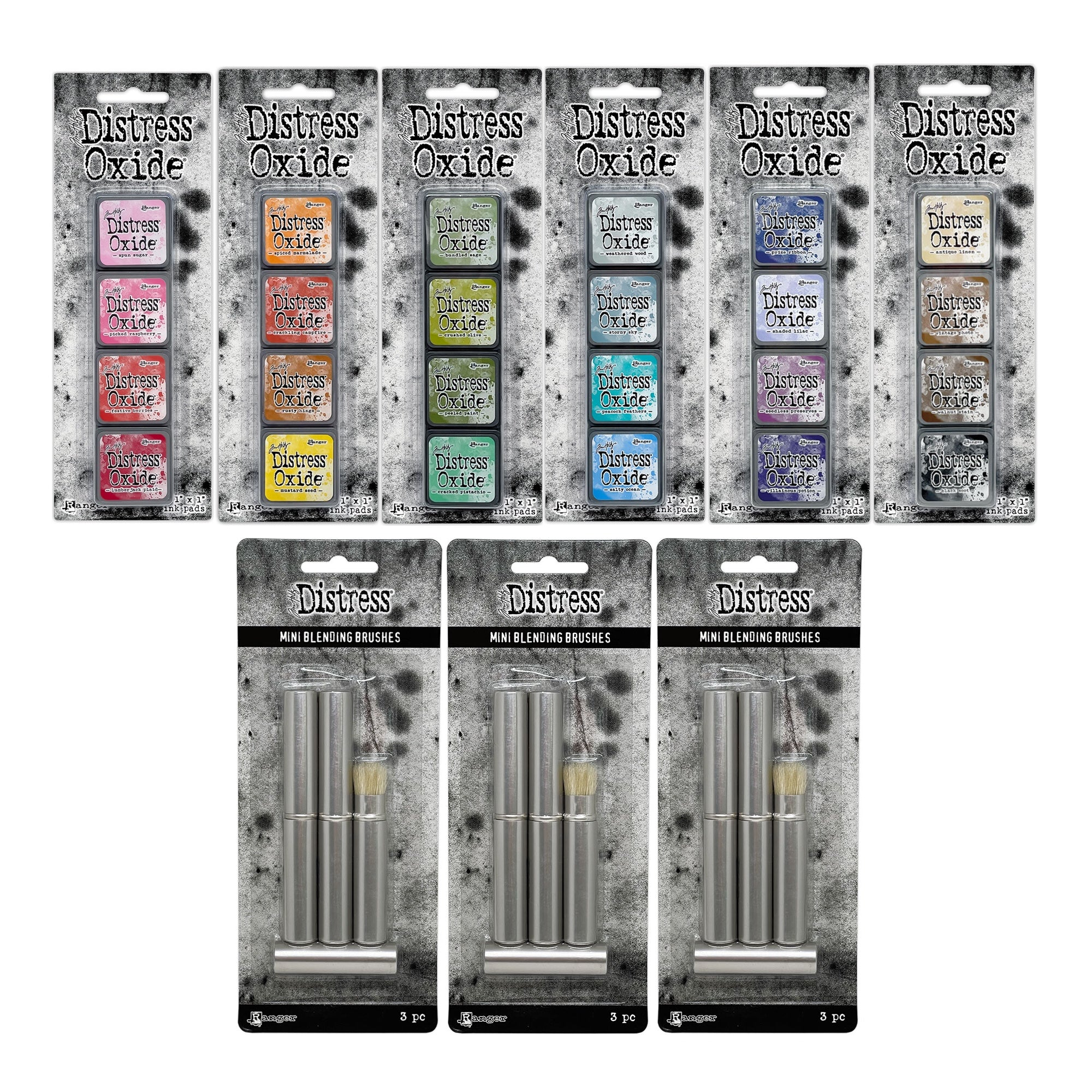 Tim Holtz Distress Mini Oxide Ink Pad Kits 1-6 And 9 Mini Blending Brushes Bundle