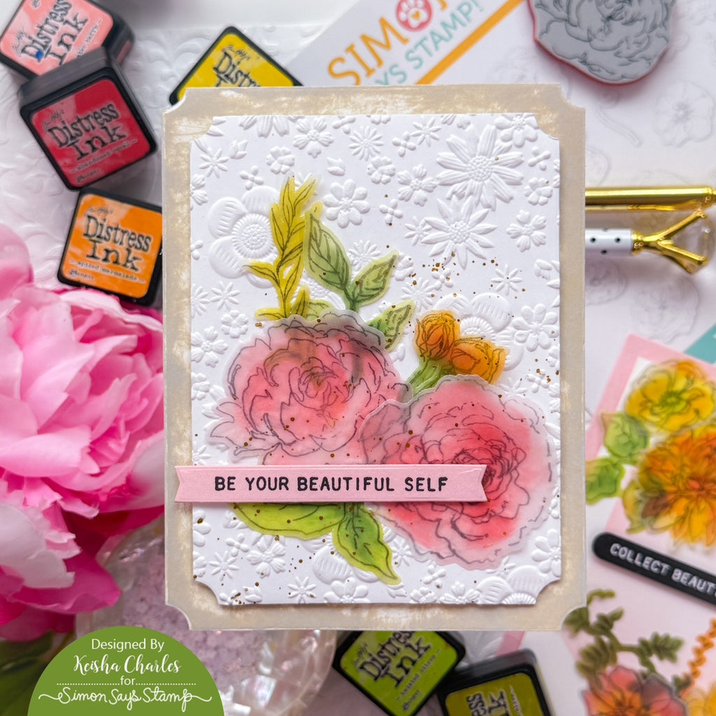 Tim Holtz Floral Elements Stamps with Simon Says Stamp Dies Bundle setfe26 Vellum Flowers Card Keisha Charles