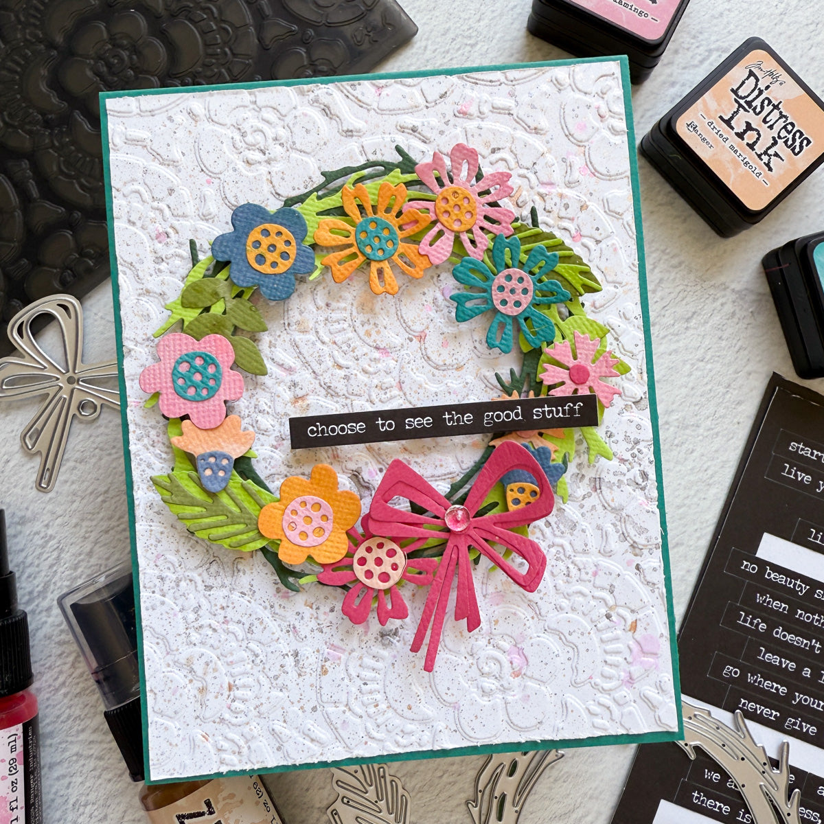 Tim Holtz Kitsch Flamingo Distress Spritz tdu86352 Spring Wreath Card | color-code:ALT05
