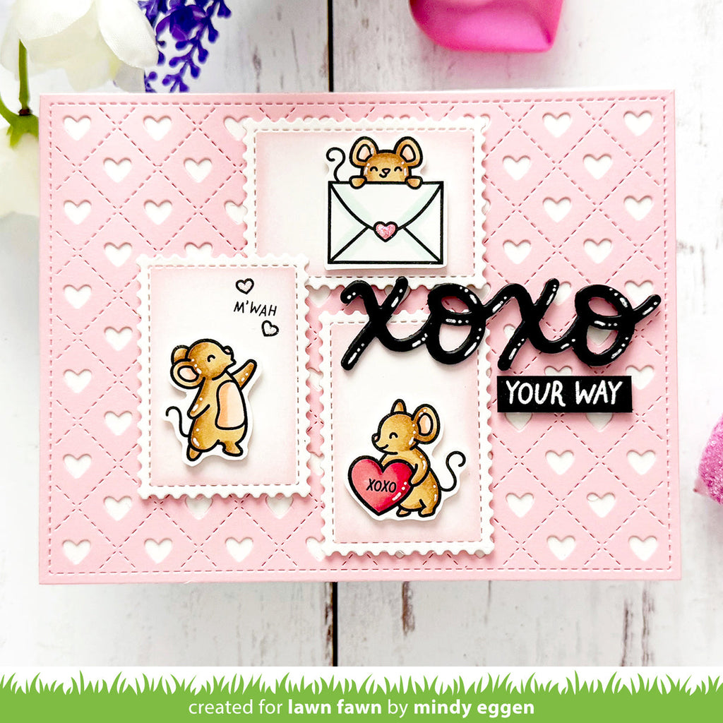 Pink die-cut card with cartoon mouse designs and 'XOXO Your Way' text.